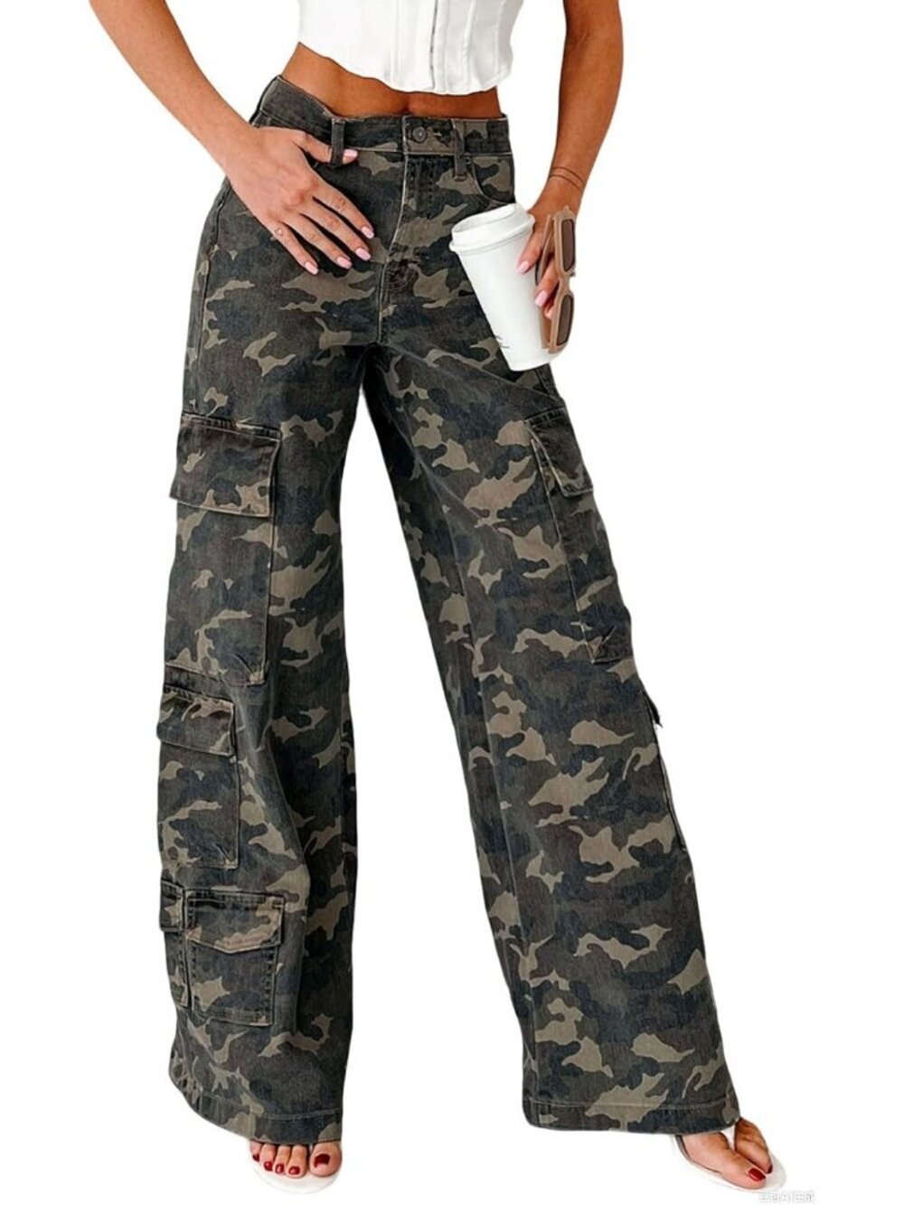 Women's Green Camo Print Denim Pants Y2k Wide Leg Cargo Jeans Flare Distressed